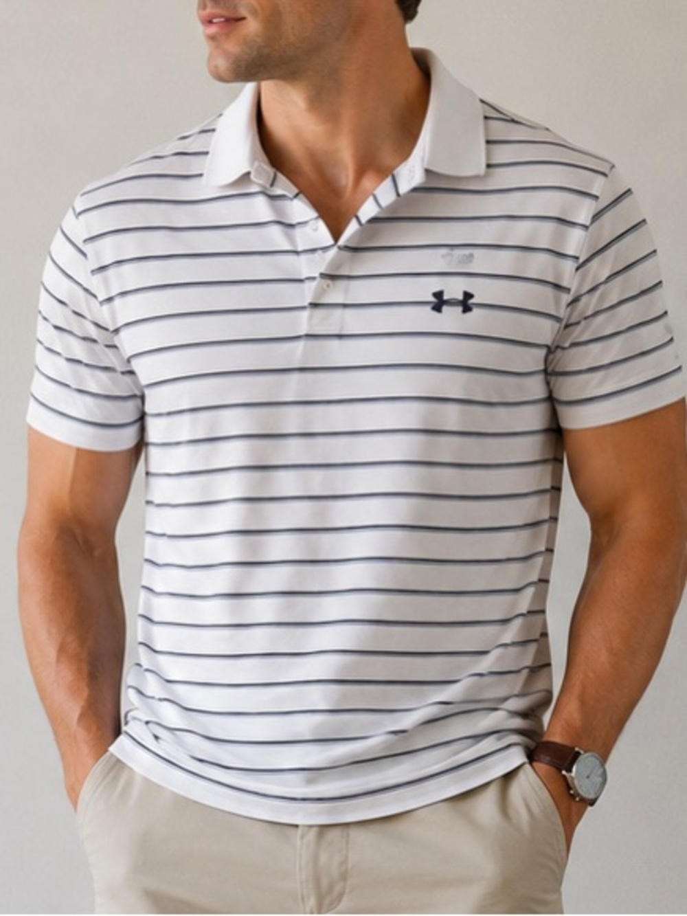 Under Armour White Polo with Grey Thin Stripes and UA Chest Logo